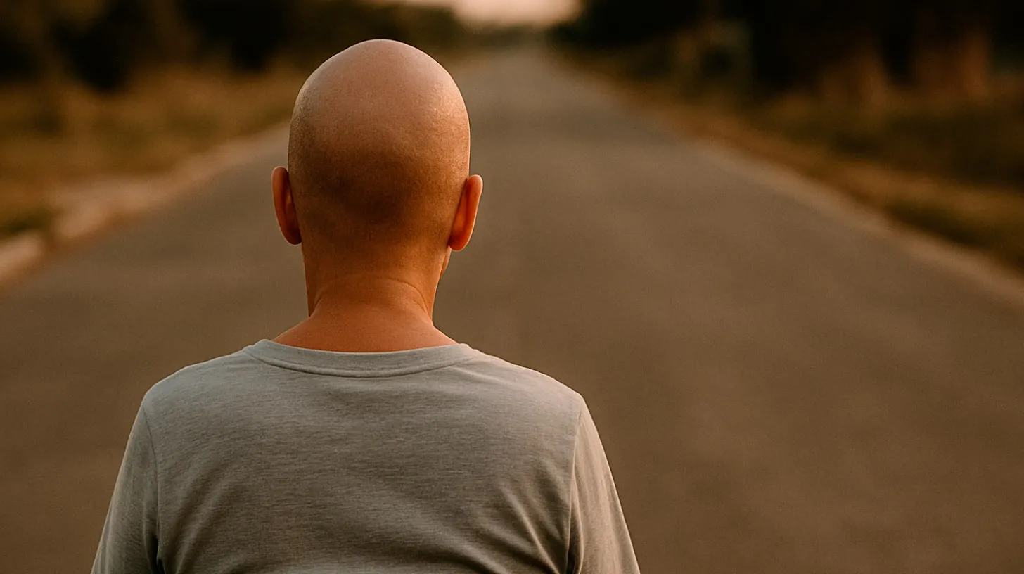 Pessoa de cabeça raspada e camiseta cinza, vista de costas, diante de uma estrada vazia ao entardecer