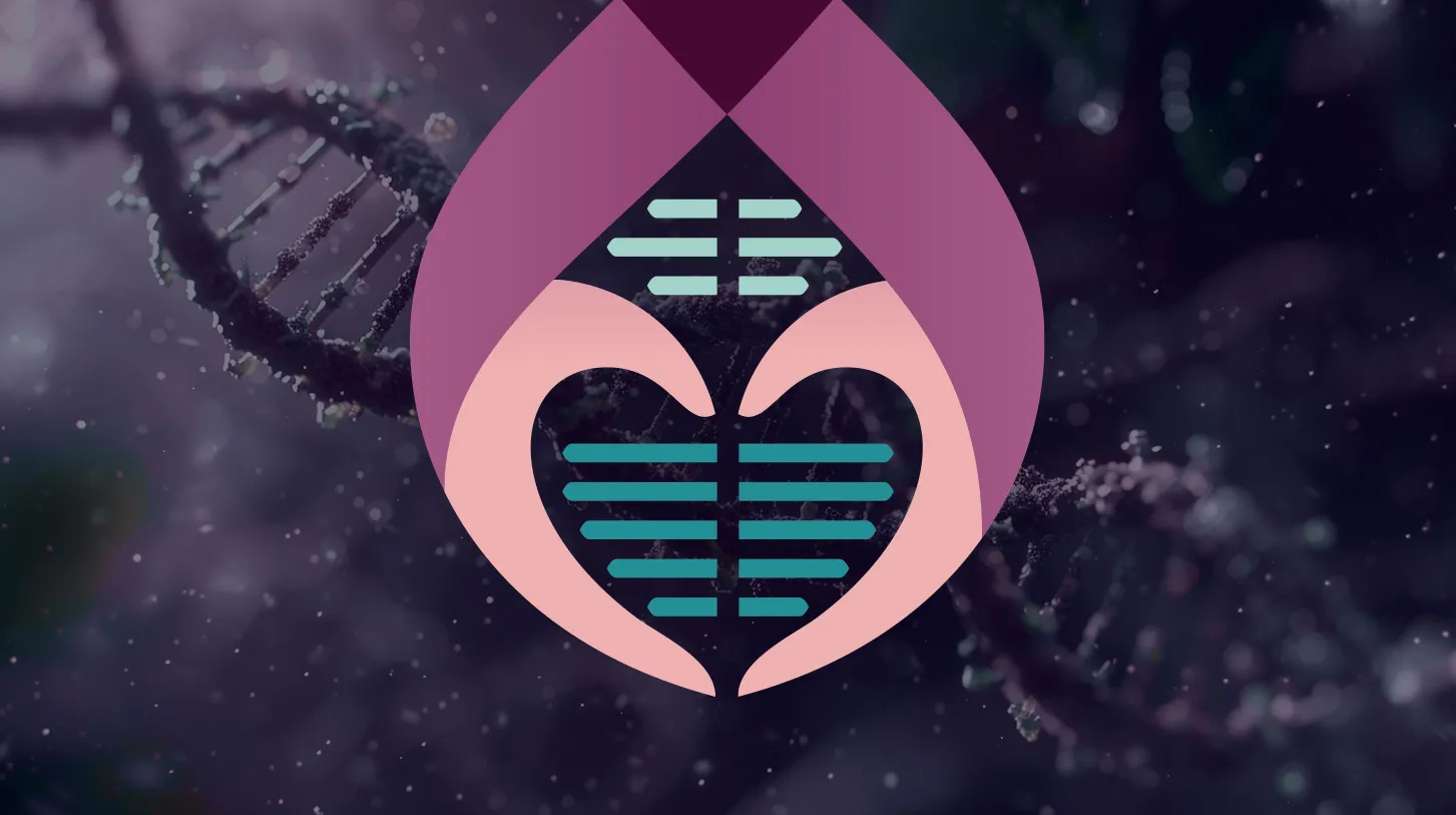 Símbolo do OncoGenSUS, em rosa e roxo com traços de DNA em verde-água, sobre uma dupla hélice em fundo escuro