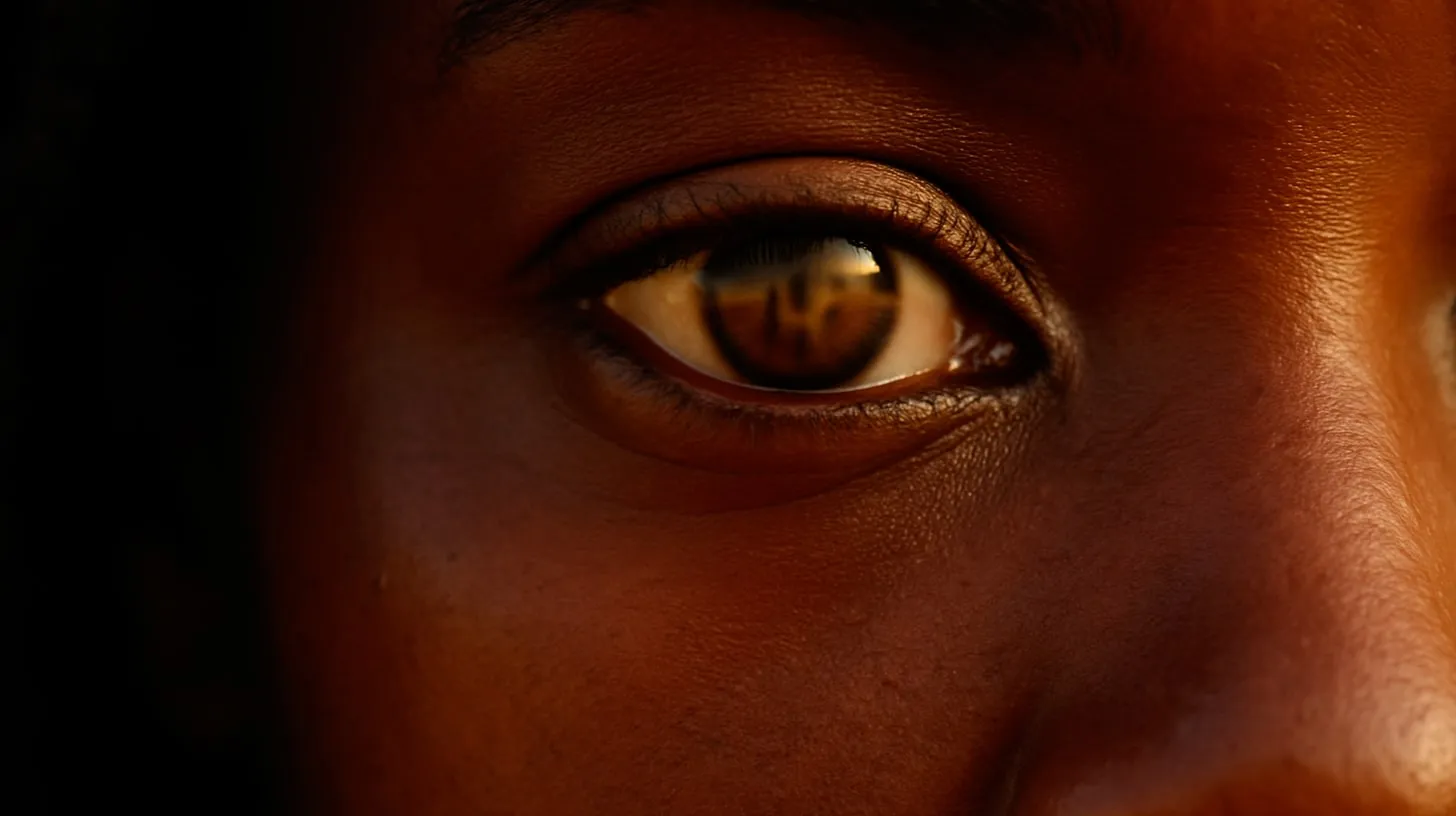 Close no olho castanho de uma mulher negra, com a pele iluminada por uma luz quente sobre fundo escuro