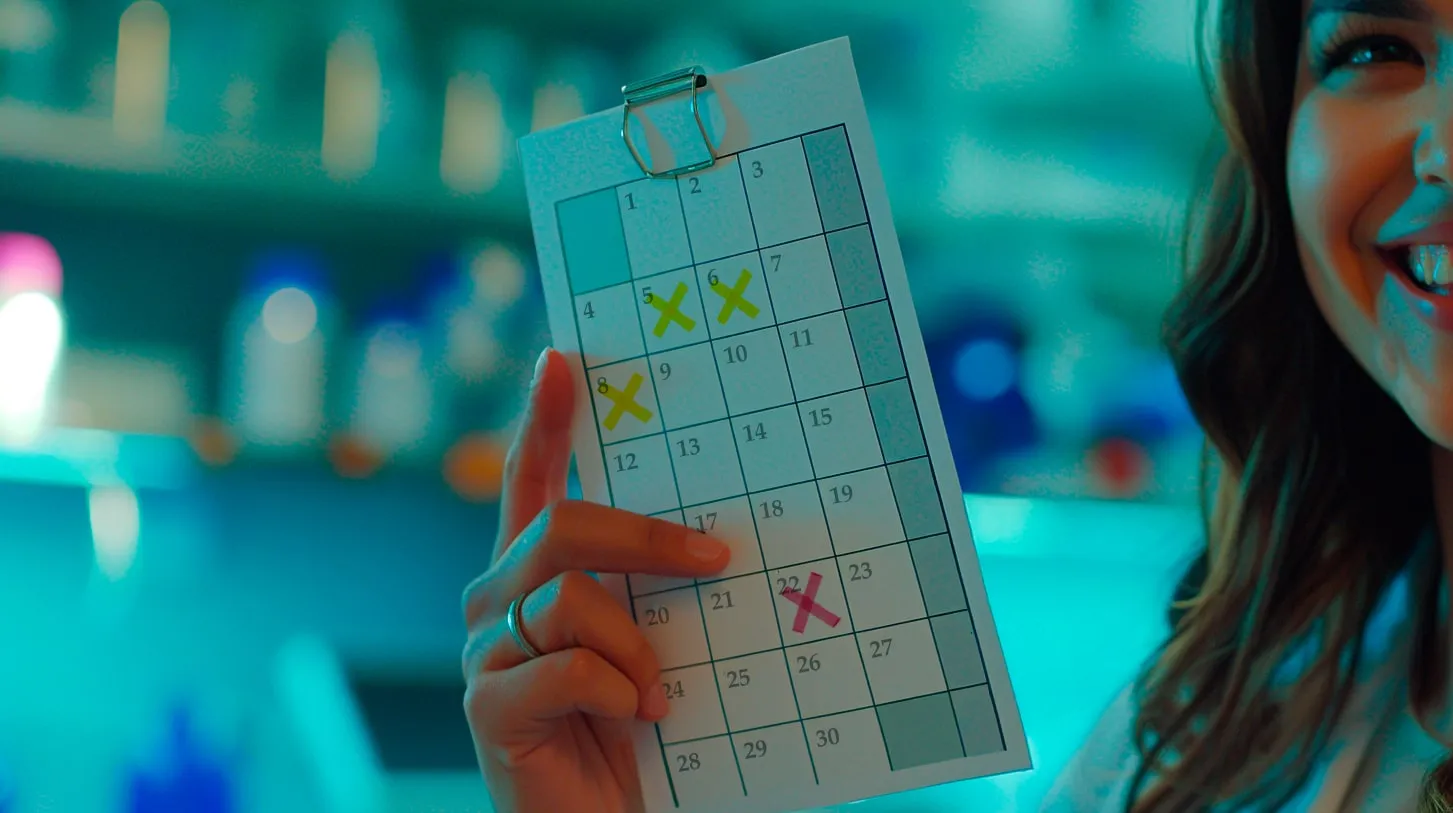 Mulher sorridente segura um calendário de papel com alguns dias marcados com X, num laboratório em tons de verde-água