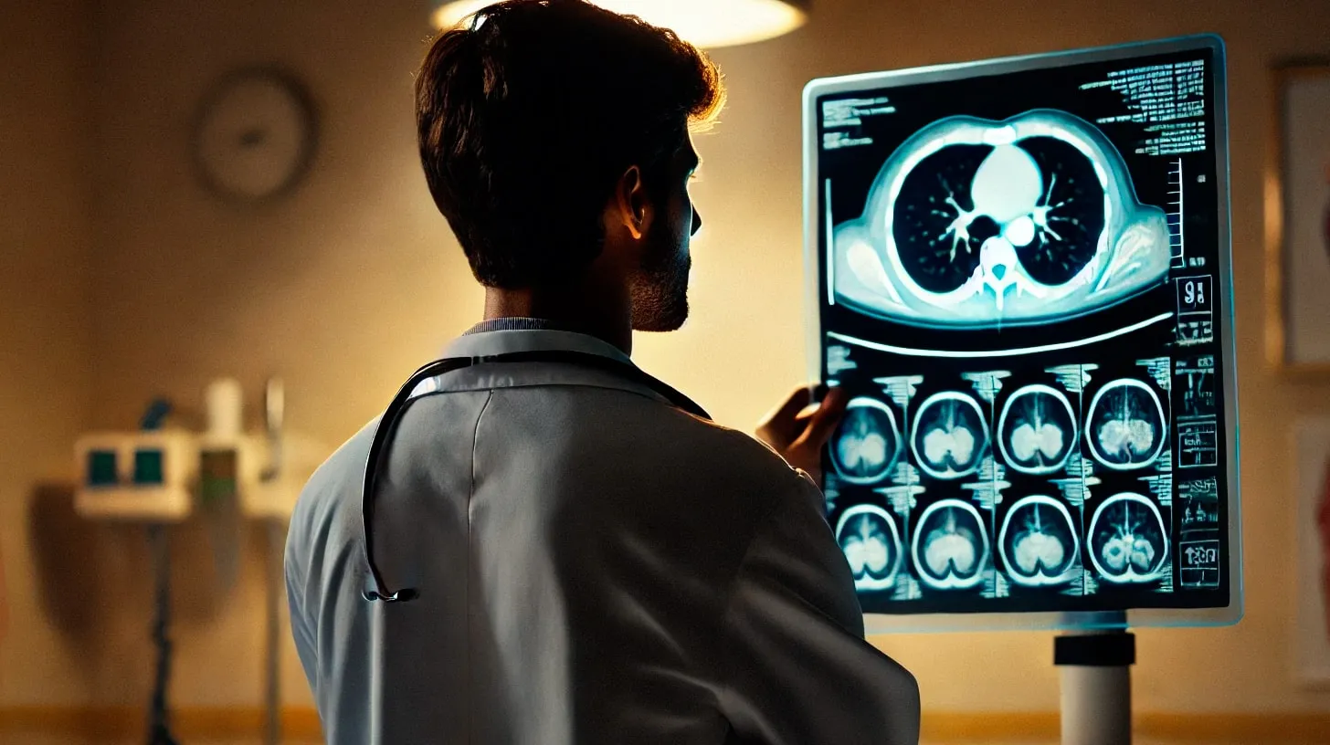 Médico de jaleco e estetoscópio, de costas, examina imagens de tomografia do tórax e do cérebro num painel iluminado
