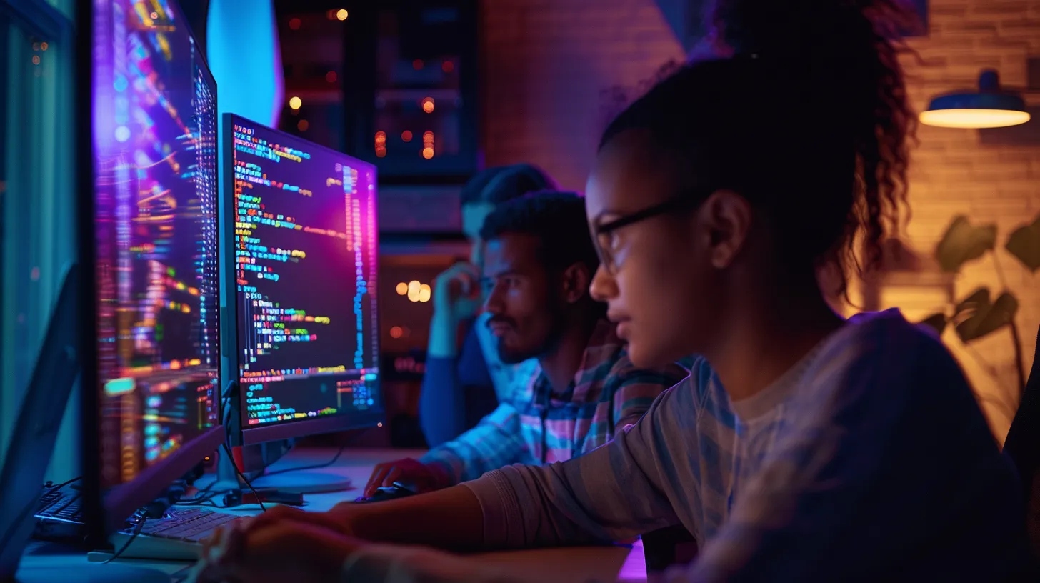 Jovens concentrados diante de monitores com linhas de código coloridas, numa sala com luz roxa e alaranjada