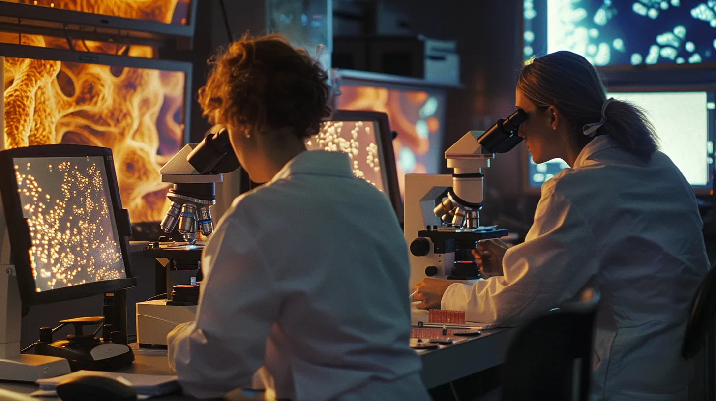 Duas pesquisadoras de jaleco observam amostras ao microscópio, cercadas por telas com imagens ampliadas de células