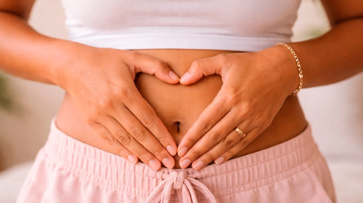 Mulher de top branco e short rosa forma um coração com as mãos sobre a barriga, na altura do umbigo