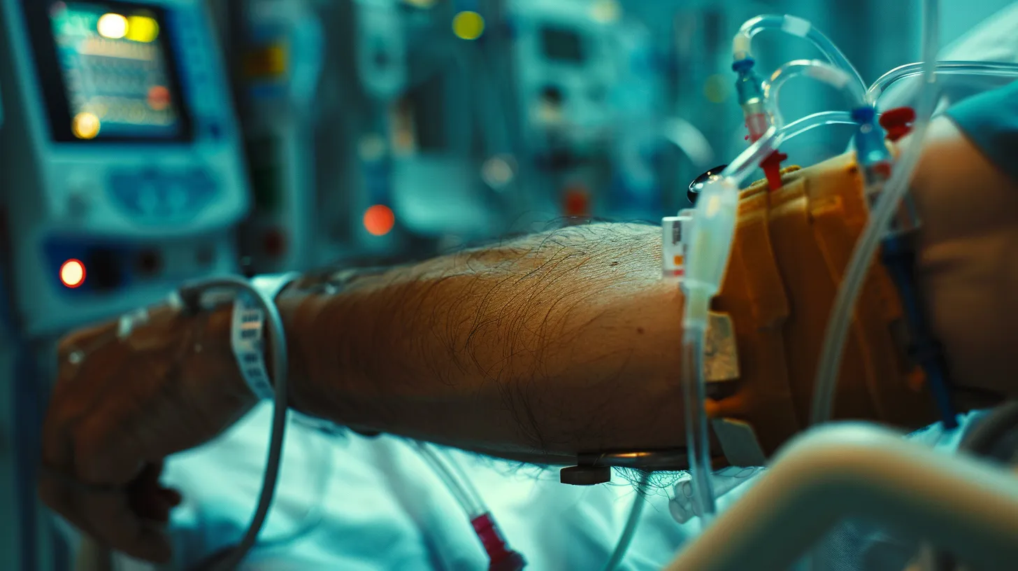 Braço de paciente num leito hospitalar, com pulseira de identificação, cateteres e tubos, diante de monitores desfocados
