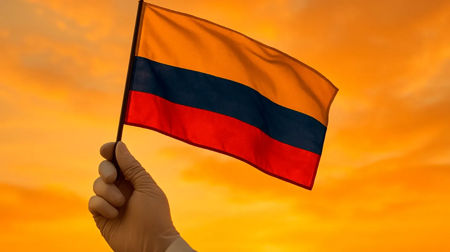 Mão com luva de látex ergue uma pequena bandeira da Colômbia contra um céu alaranjado de pôr do sol