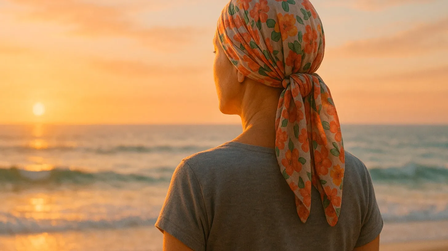 Mulher de lenço florido na cabeça, vista de costas, olha o mar ao pôr do sol