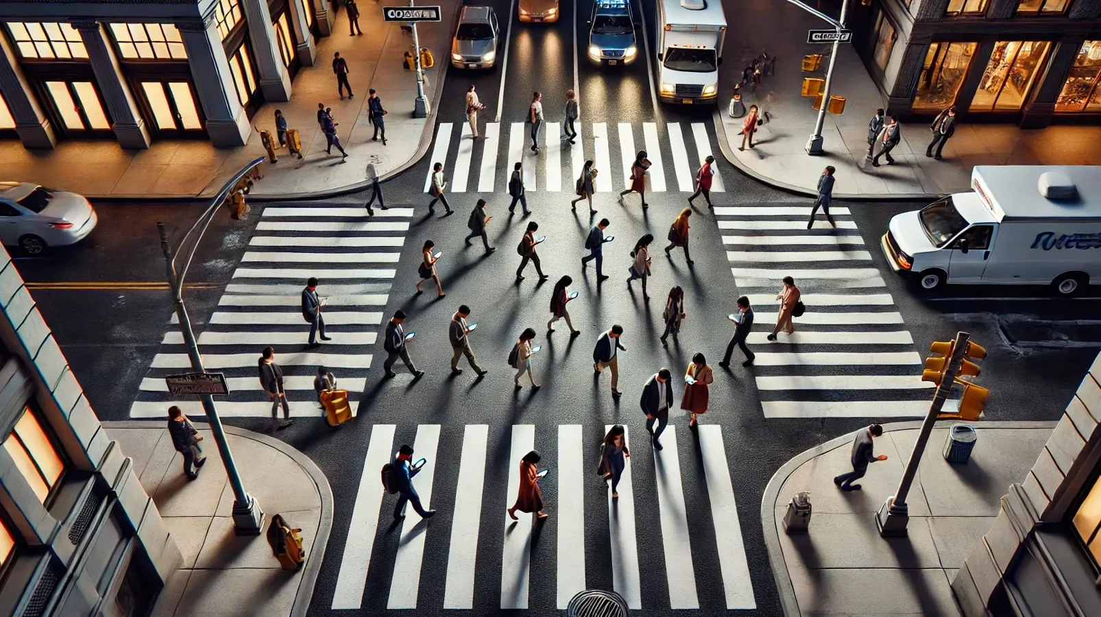 Vista do alto de um cruzamento urbano com faixas de pedestres, onde muitas pessoas atravessam olhando o celular