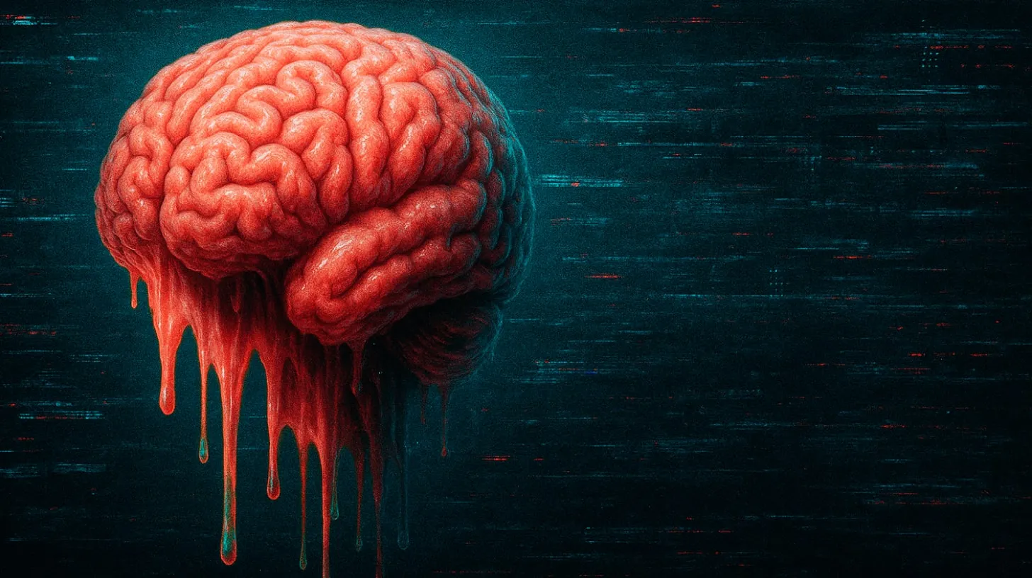 Ilustração de um cérebro vermelho que escorre como se derretesse, sobre fundo escuro com ruído de tela digital