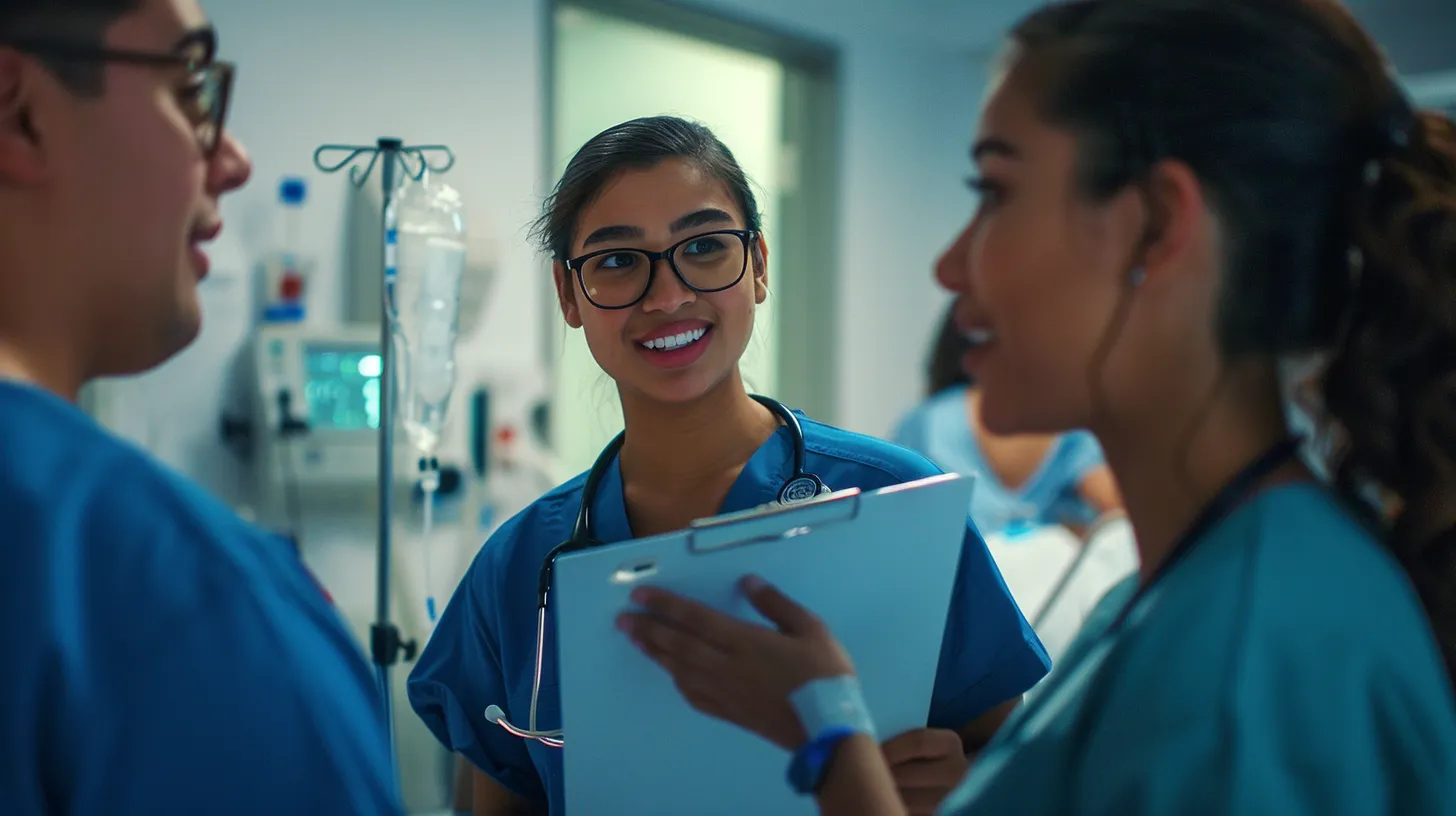 Três profissionais de enfermagem de uniforme azul conversam sorrindo num quarto de hospital; uma segura uma prancheta