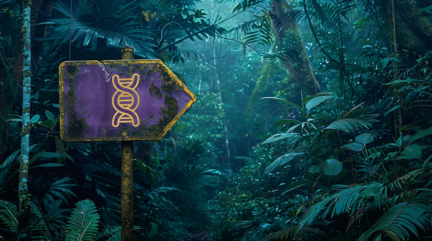 Placa roxa em forma de seta, com o desenho de uma dupla hélice de DNA, numa floresta tropical densa e úmida