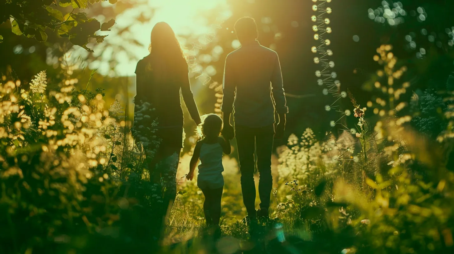 Família de costas, com uma criança de mãos dadas entre dois adultos, caminha num campo florido à luz do sol