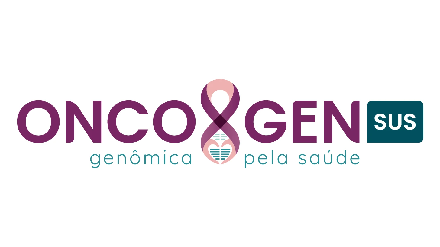 Logotipo OncoGenSUS: ONCO e GEN em roxo, SUS num selo verde-petróleo, o laço em forma de 8 e o lema genômica pela saúde
