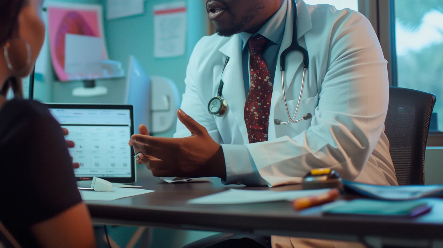 Médico de jaleco, gravata e estetoscópio gesticula enquanto conversa com uma paciente sentada à mesa do consultório