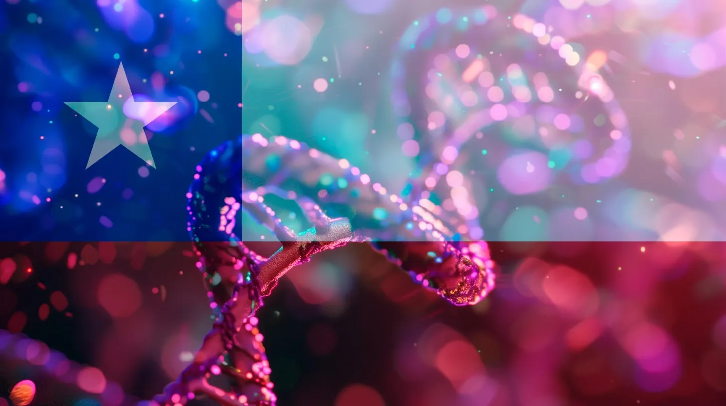Dupla hélice de DNA brilhante, em tons de rosa, sobreposta à bandeira do Chile com a estrela branca no canto azul