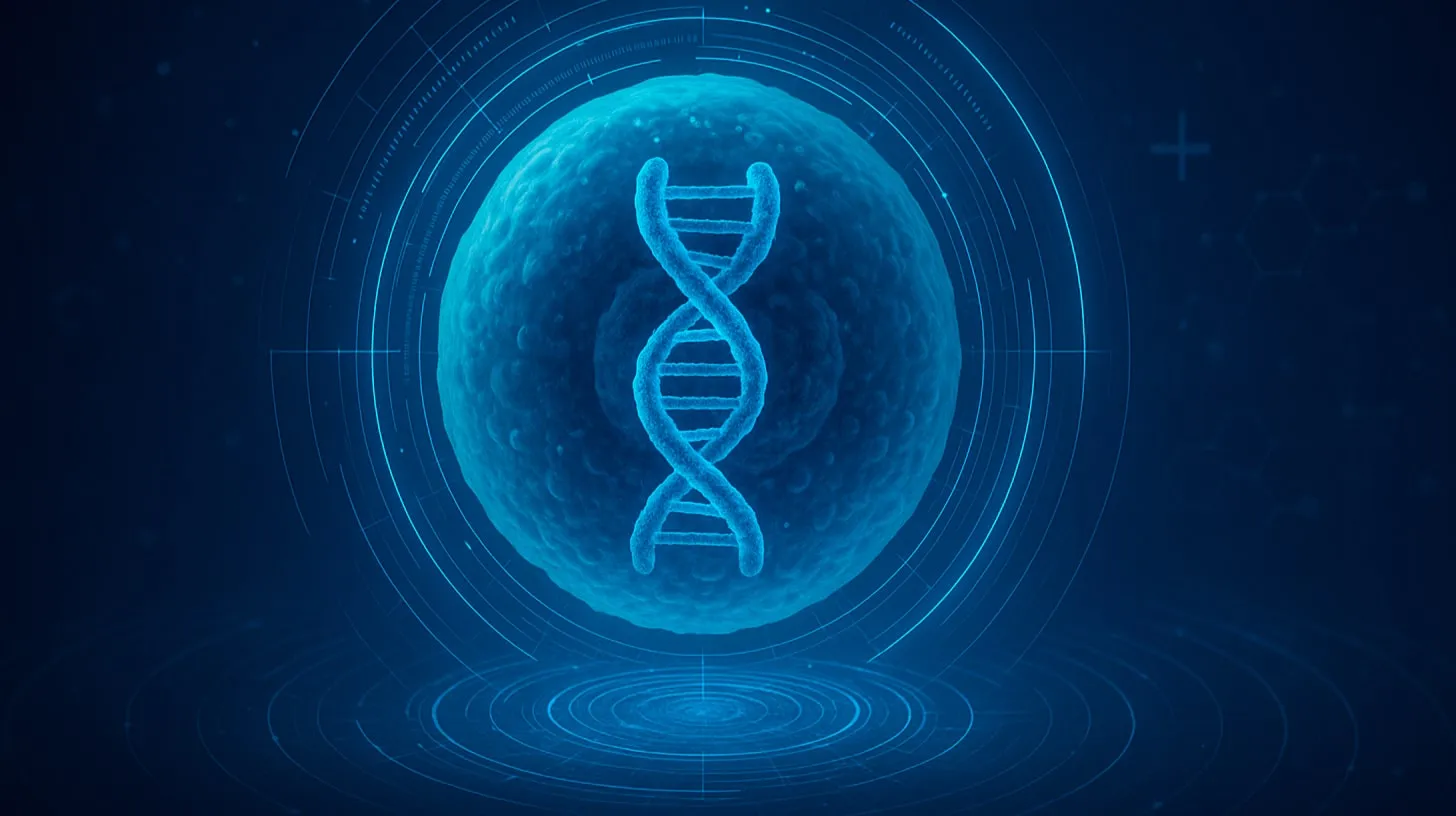 Ilustração de uma célula azul com uma dupla hélice de DNA no centro, cercada por círculos e linhas digitais