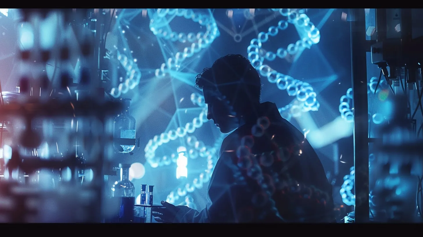 Silhueta de um homem num laboratório, com frascos e tubos de ensaio, diante de hélices de DNA luminosas em azul