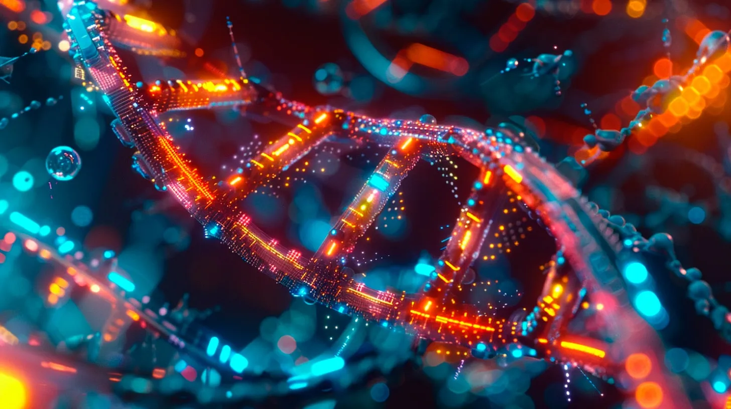 Ilustração de uma dupla hélice de DNA feita de luzes laranja e azuis, com bolhas e partículas desfocadas ao redor