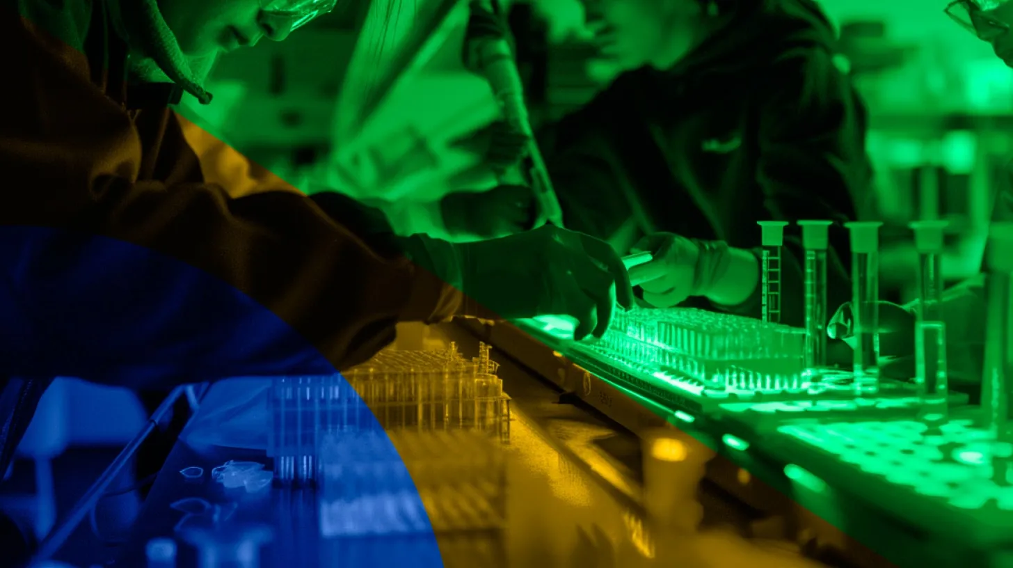 Pessoas de luvas manipulam tubos e pipetas numa bancada de laboratório, com a foto tingida de verde, amarelo e azul