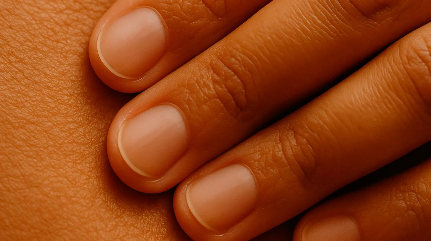 Close dos dedos de uma mão de pele morena, com unhas curtas e naturais, apoiada sobre a pele