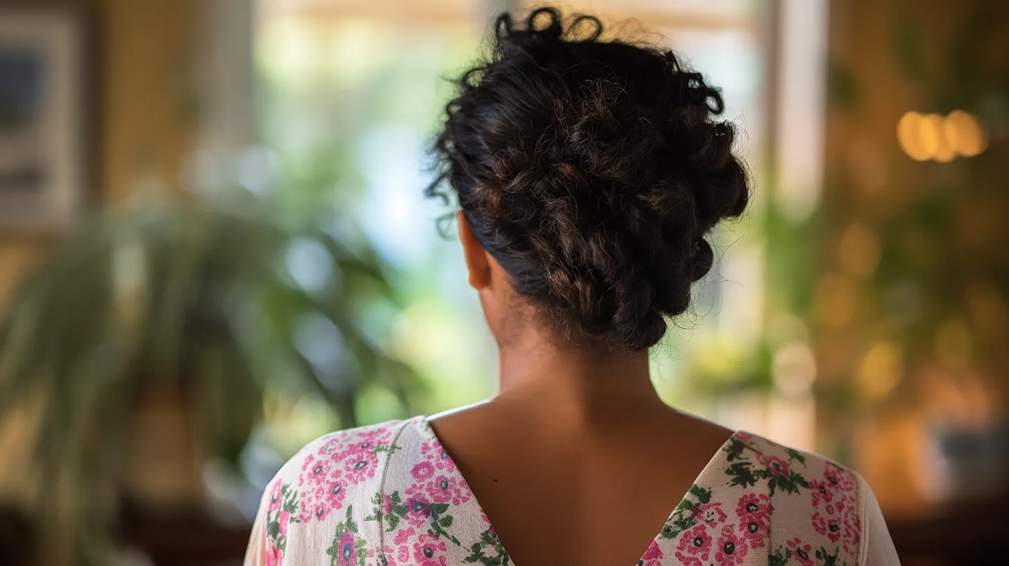 Mulher de cabelos cacheados presos e blusa florida, vista de costas, diante de uma janela com plantas desfocadas