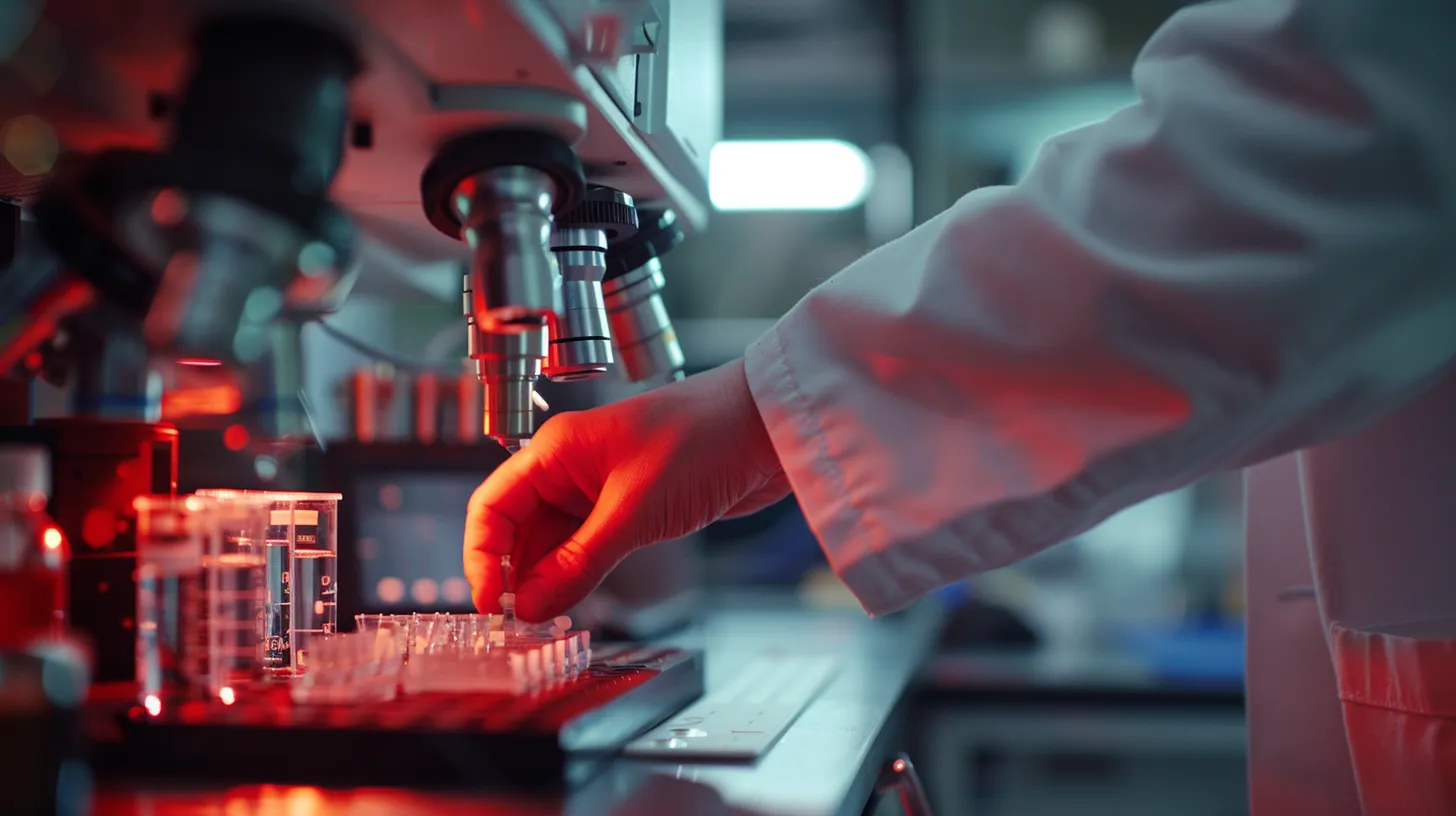 Mão de pessoa de jaleco pega um tubo numa estante de amostras sob um microscópio, em laboratório com luz vermelha
