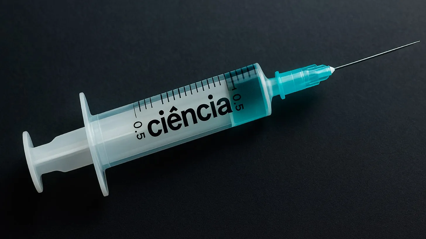 Seringa com líquido verde-água e a palavra ciência escrita no tubo, sobre fundo preto