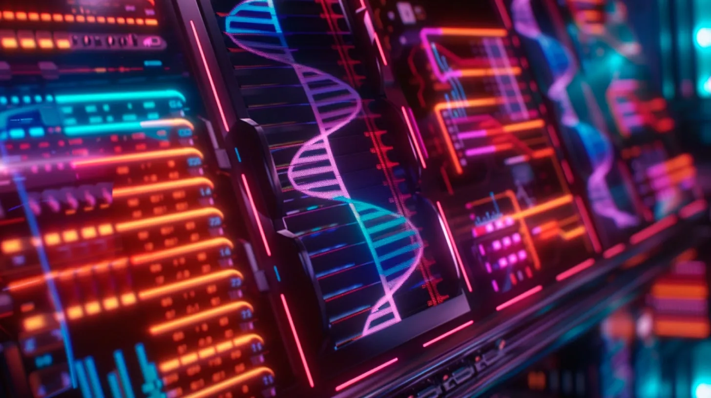 Painéis digitais em neon rosa, laranja e azul exibem uma dupla hélice de DNA, gráficos e colunas de dados