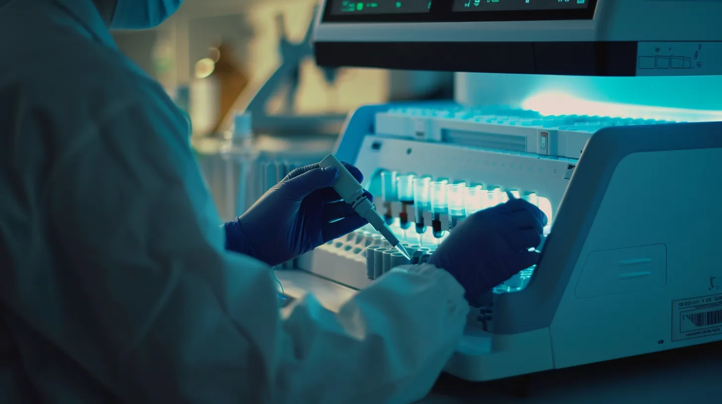 Pessoa de jaleco e luvas azuis usa uma pipeta para colocar amostras em tubos dentro de um equipamento de laboratório