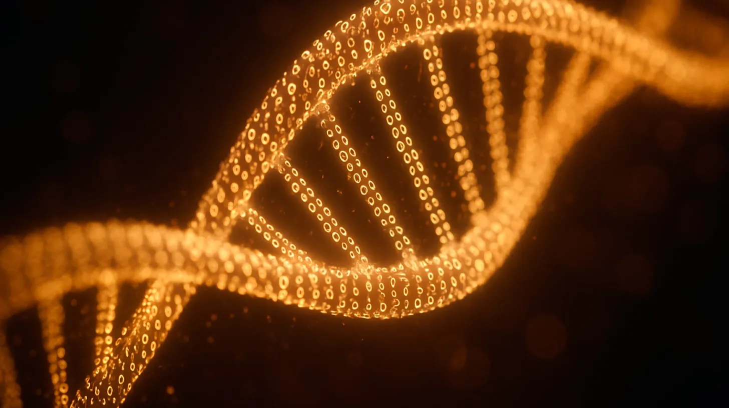 Ilustração de uma dupla hélice de DNA feita de pontos de luz dourada sobre fundo escuro