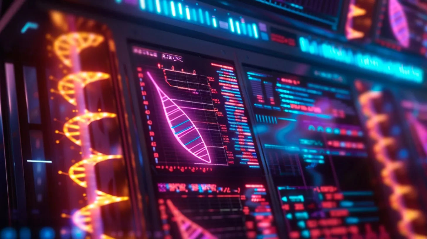 Telas digitais em neon mostram hélices de DNA douradas, gráficos em rosa e linhas de dados em azul